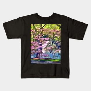 Spring - White Picket Fence by Flowering Trees Kids T-Shirt